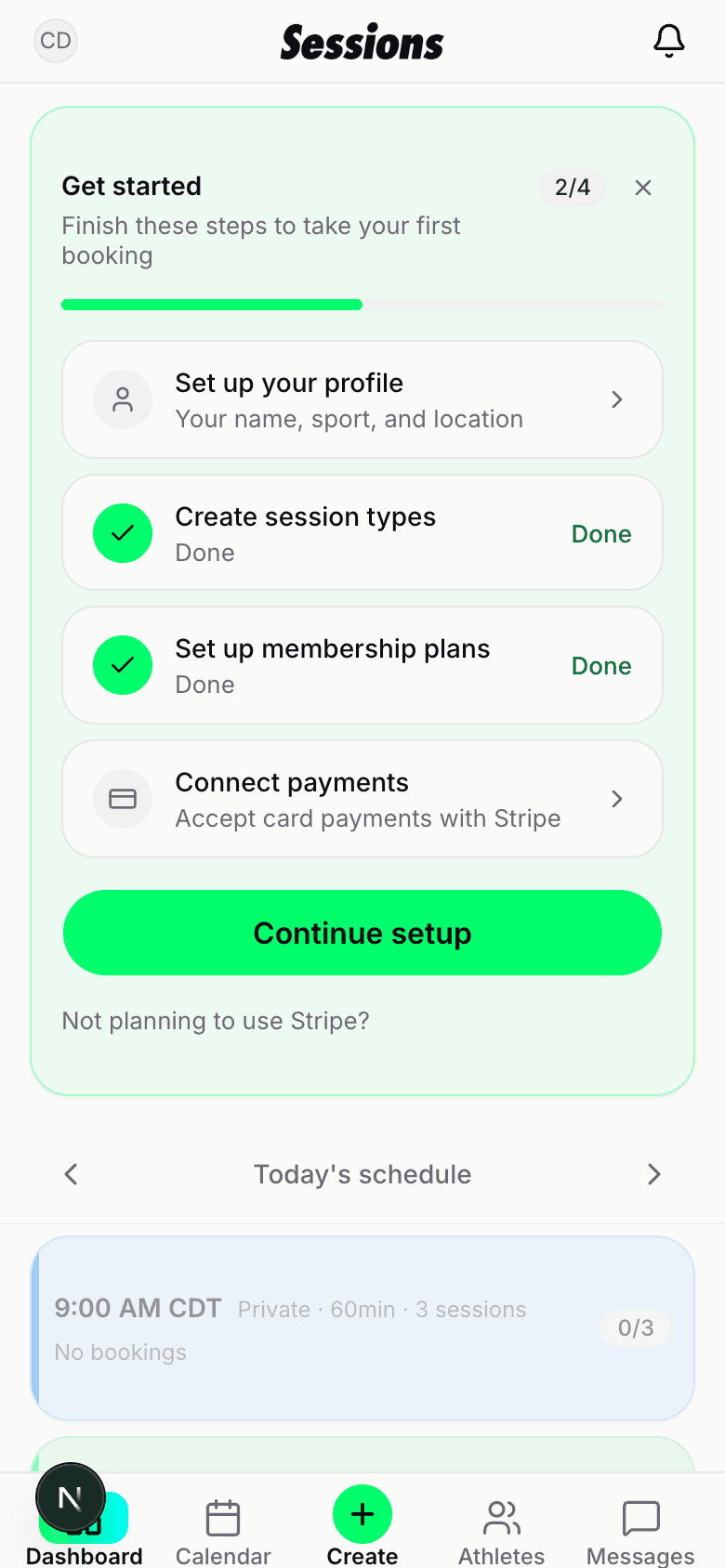 The Sessions coach app showing today's private sessions